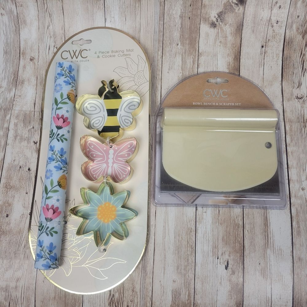 CWC Baking Mat Cookie Cutters Bowl Bench Scraper Set Flower Butterfly